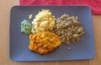 Mung Dhal mit Krbisgemse Cashew Ptersilien Chutney und Reis